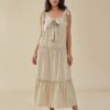Solid Bow Tie Backless Strap Ruffle Trim Midi Dress - Image 2