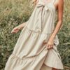 Solid Bow Tie Backless Strap Ruffle Trim Midi Dress - Image 3