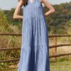 Solid Button Stand Collar Sleeveless Maxi Dress - Image 3
