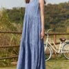 Solid Button Stand Collar Sleeveless Maxi Dress - Image 5