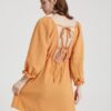 Solid Deep V-neck Open Back Tie Flounce Sleeve Sexy Dress - Image 2