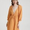 Solid Deep V-neck Open Back Tie Flounce Sleeve Sexy Dress - Image 3