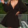 Solid Deep V-neck Open Back Tie Flounce Sleeve Sexy Dress - Image 7