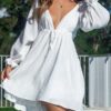 Solid Deep V-neck Open Back Tie Flounce Sleeve Sexy Dress - Image 8