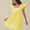 Solid Ruffle Sleeve Open Back Square Collar Dress