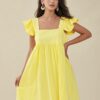 Solid Ruffle Sleeve Open Back Square Collar Dress - Image 2