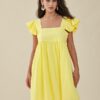 Solid Ruffle Sleeve Open Back Square Collar Dress - Image 4