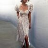 Elegant Short Puff Sleeve Print Dress