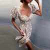 Elegant Short Puff Sleeve Print Dress - Image 2
