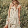 High Waist A-line Cotton Casual Solid Strap Dress - Image 2