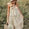 High Waist A-line Cotton Casual Solid Strap Dress - Image 3