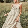 High Waist A-line Cotton Casual Solid Strap Dress - Image 4