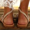 Diagonally-Wrapped Strappy Sandals Miniature Pearls Toe Strap - Image 5