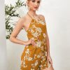 Flower Print Backless Halter Drawstring Bohemian Jumpsuit