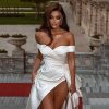 Modern Satin High Split Wedding Party Dress - Image 4
