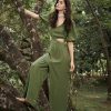 Solid Cut Out Waist Puff Sleeve V-neck Wide Leg Jumpsuit - Image 3