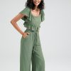 Solid Ruffle Sleeve Tie Front Wide Leg Two Pieces Suit