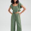 Solid Ruffle Sleeve Tie Front Wide Leg Two Pieces Suit - Image 2