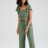Solid Ruffle Sleeve Tie Front Wide Leg Two Pieces Suit - Image 5