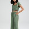 Solid Ruffle Sleeve Tie Front Wide Leg Two Pieces Suit - Image 4
