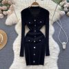 Button Casual V Neck Long Sleeve Mini Sweater Dress