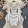 Button Casual V Neck Long Sleeve Mini Sweater Dress - Image 2