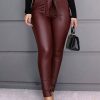 Pants Leather Raised Tapered Fit Solid Color Waist Trousers