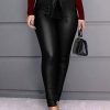 Pants Leather Raised Tapered Fit Solid Color Waist Trousers - Image 4