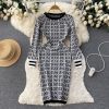 Print Knit Warm Sleeve O Neck Sweater Dress