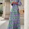 V-Neck Maxi Dress Long Sleeves Casual Printed Long Dress