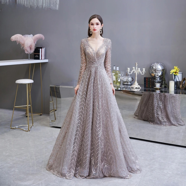 Elegant Full Lace Pleated Beaded Floor-Length Evening Party Dress