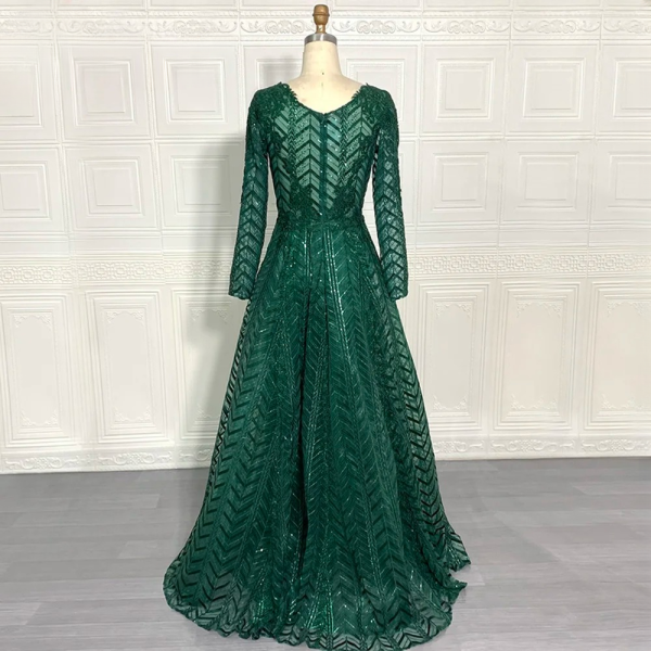 Elegant Full Lace Pleated Beaded Floor-Length Evening Party Dress - Image 11