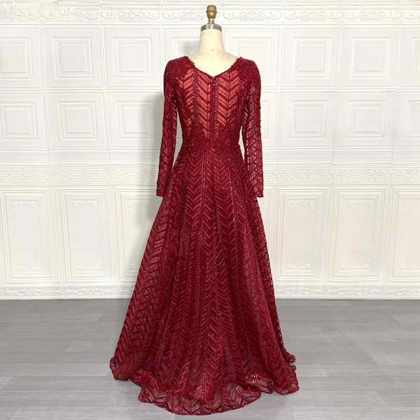 Elegant Full Lace Pleated Beaded Floor-Length Evening Party Dress - Image 7