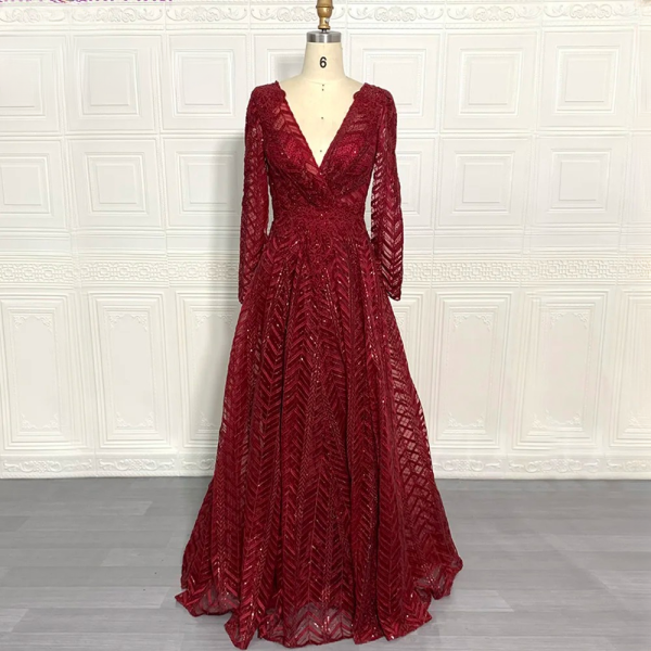 Elegant Full Lace Pleated Beaded Floor-Length Evening Party Dress - Image 6