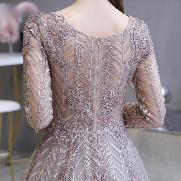 Elegant Full Lace Pleated Beaded Floor-Length Evening Party Dress - Image 5