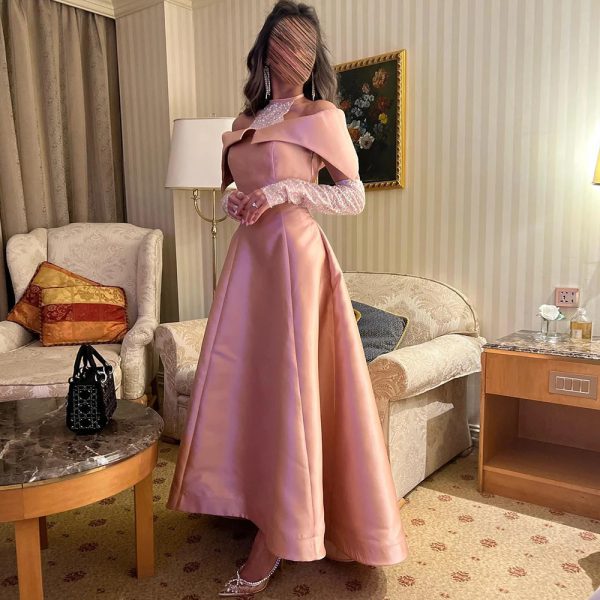 Elegant Halter Long Sleeves Satin Evening Party Dress - Image 7