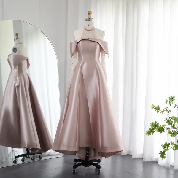 Elegant Halter Long Sleeves Satin Evening Party Dress - Image 12