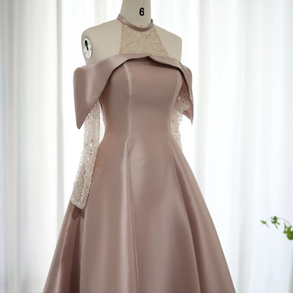 Elegant Halter Long Sleeves Satin Evening Party Dress - Image 13