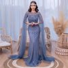 Elegant Long Cap Sleeves O-Neck Crystal Handmade Evening Party Dress - Image 4