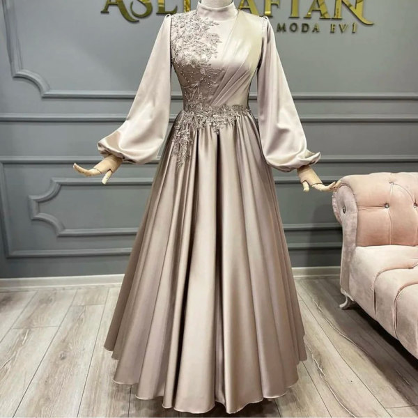 Elegant Long Puff Sleeves Lace Beads Evening Night Dress