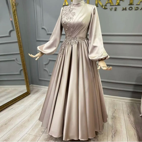 Elegant Long Puff Sleeves Lace Beads Evening Night Dress - Image 2