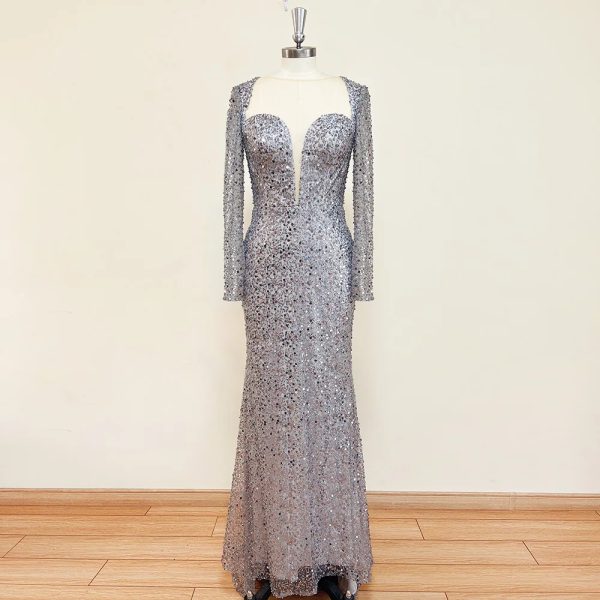 Elegant Long Sleeves Beads Mermaid Evening Party Dress - Image 3