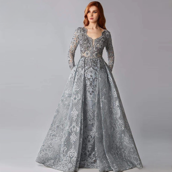 Elegant Long Sleeves Mermaid Crystal Lace Evening Party Dress