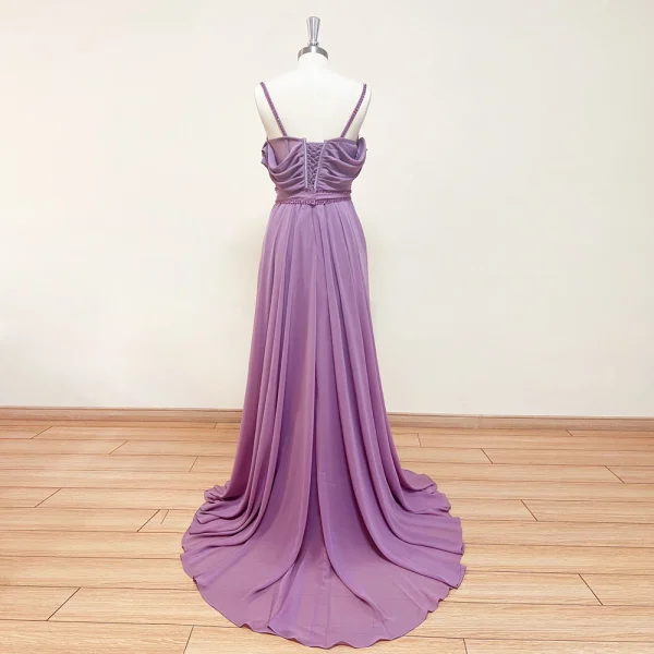 Elegant Luxury Crystal Aline Chiffon Side Slit Evening Party Dress - Image 3