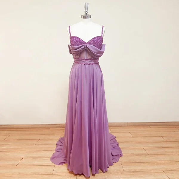 Elegant Luxury Crystal Aline Chiffon Side Slit Evening Party Dress - Image 2