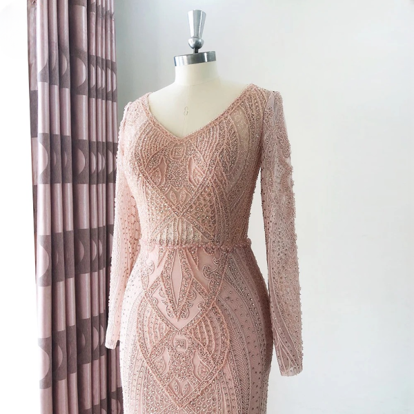 Elegant Mermaid Lace Bead Long Sleeves Evening Party Dress - Image 4