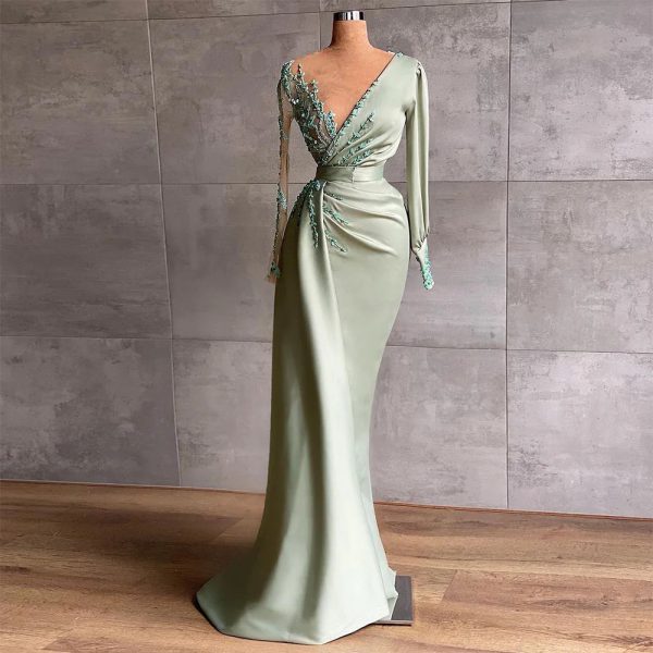 Elegant O-Neck Ruffles Beads Mermaid Evening Party Dress