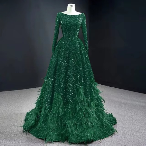 Elegant Round Neck Feather Sequin Evening Party Dress - Image 14