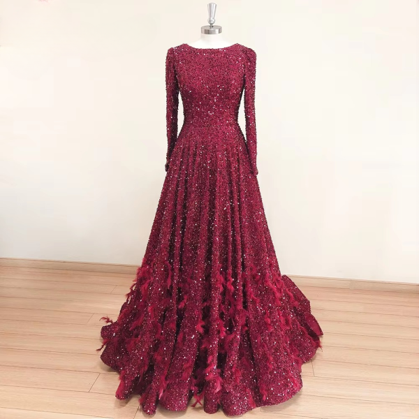 Elegant Round Neck Feather Sequin Evening Party Dress - Image 7