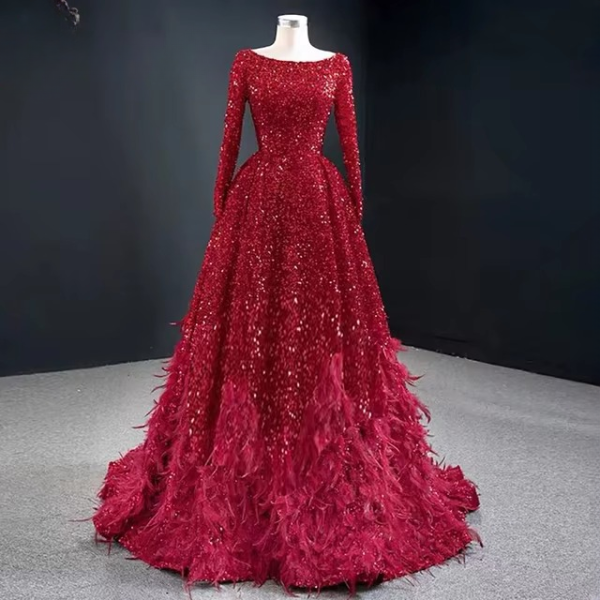 Elegant Round Neck Feather Sequin Evening Party Dress - Image 4